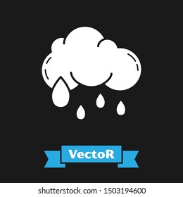 White Cloud with rain icon isolated on black background. Rain cloud precipitation with rain drops.  Vector Illustration