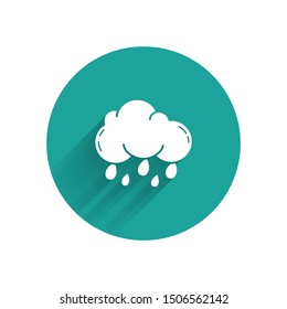 White Cloud with rain icon isolated with long shadow. Rain cloud precipitation with rain drops. Green circle button. Vector Illustration