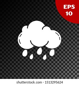 White Cloud with rain icon isolated on transparent dark background. Rain cloud precipitation with rain drops.  Vector Illustration