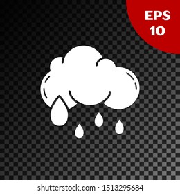 White Cloud with rain icon isolated on transparent dark background. Rain cloud precipitation with rain drops.  Vector Illustration