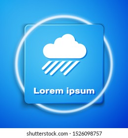 White Cloud with rain icon isolated on blue background. Rain cloud precipitation with rain drops. Blue square button. Vector Illustration