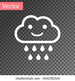 White Cloud with rain icon isolated on transparent background. Rain cloud precipitation with rain drops.  Vector Illustration