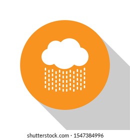 White Cloud with rain icon isolated on white background. Rain cloud precipitation with rain drops. Orange circle button. Vector Illustration