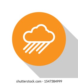 White Cloud with rain icon isolated on white background. Rain cloud precipitation with rain drops. Orange circle button. Vector Illustration