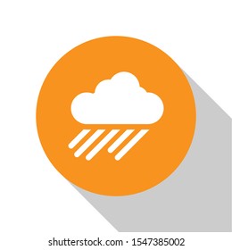 White Cloud with rain icon isolated on white background. Rain cloud precipitation with rain drops. Orange circle button. Vector Illustration