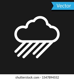 White Cloud with rain icon isolated on black background. Rain cloud precipitation with rain drops.  Vector Illustration