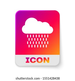 White Cloud with rain icon isolated on white background. Rain cloud precipitation with rain drops. Rectangle color button. Vector Illustration