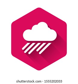 White Cloud with rain icon isolated with long shadow. Rain cloud precipitation with rain drops. Pink hexagon button. Vector Illustration