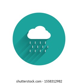 White Cloud with rain icon isolated with long shadow. Rain cloud precipitation with rain drops. Green circle button. Vector Illustration