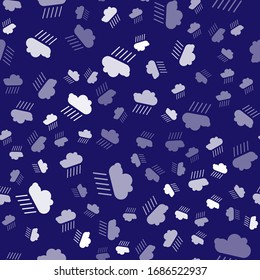 White Cloud with rain icon isolated seamless pattern on blue background. Rain cloud precipitation with rain drops.  Vector Illustration