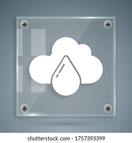 White Cloud with rain icon isolated on grey background. Rain cloud precipitation with rain drops. Square glass panels. Vector Illustration