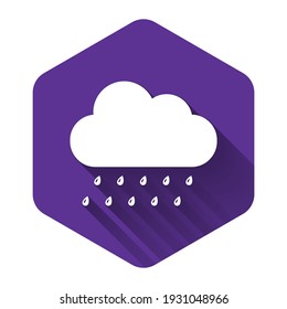 White Cloud with rain icon isolated with long shadow. Rain nimbus cloud precipitation with rain drops. Purple hexagon button. Vector Illustration