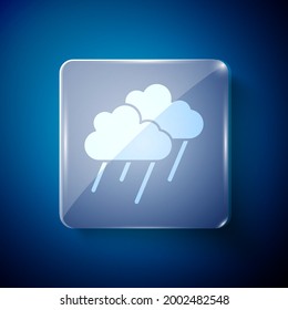 White Cloud with rain icon isolated on blue background. Rain cloud precipitation with rain drops. Square glass panels. Vector