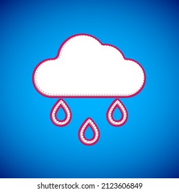 White Cloud with rain icon isolated on blue background. Rain cloud precipitation with rain drops.  Vector