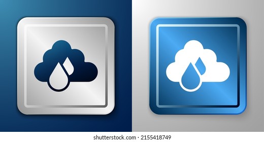 White Cloud with rain icon isolated on blue and grey background. Rain cloud precipitation with rain drops. Silver and blue square button. Vector