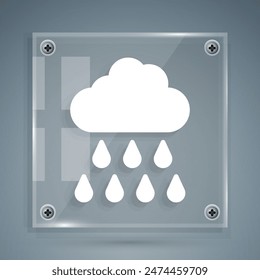 White Cloud with rain icon isolated on grey background. Rain cloud precipitation with rain drops. Square glass panels. Vector