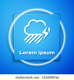 White Cloud with rain and lightning icon isolated on blue background. Rain cloud precipitation with rain drops.Weather icon of storm. Blue square button. Vector Illustration