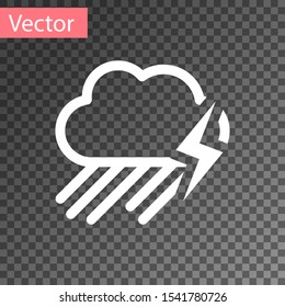 White Cloud with rain and lightning icon isolated on transparent background. Rain cloud precipitation with rain drops.Weather icon of storm.  Vector Illustration
