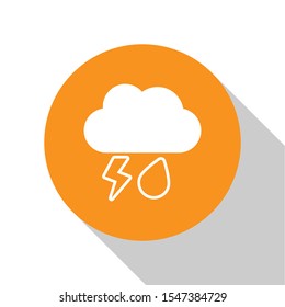 White Cloud with rain and lightning icon isolated on white background. Rain cloud precipitation with rain drops.Weather icon of storm. Orange circle button. Vector Illustration