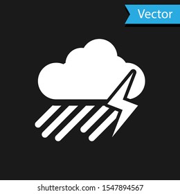 White Cloud with rain and lightning icon isolated on black background. Rain cloud precipitation with rain drops.Weather icon of storm.  Vector Illustration