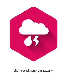 White Cloud with rain and lightning icon isolated with long shadow. Rain cloud precipitation with rain drops.Weather icon of storm. Pink hexagon button. Vector Illustration