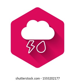 White Cloud with rain and lightning icon isolated with long shadow. Rain cloud precipitation with rain drops.Weather icon of storm. Pink hexagon button. Vector Illustration