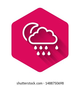 White Cloud with rain and moon icon isolated with long shadow. Rain cloud precipitation with rain drops. Pink hexagon button. Vector Illustration