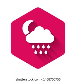 White Cloud with rain and moon icon isolated with long shadow. Rain cloud precipitation with rain drops. Pink hexagon button. Vector Illustration