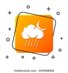 White Cloud with rain and moon icon isolated on white background. Rain cloud precipitation with rain drops. Orange square button. Vector Illustration