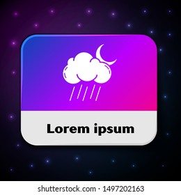 White Cloud with rain and moon icon isolated on black background. Rain cloud precipitation with rain drops. Rectangle color button. Vector Illustration