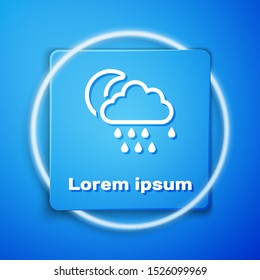 White Cloud with rain and moon icon isolated on blue background. Rain cloud precipitation with rain drops. Blue square button. Vector Illustration
