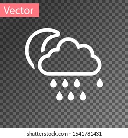 White Cloud with rain and moon icon isolated on transparent background. Rain cloud precipitation with rain drops.  Vector Illustration