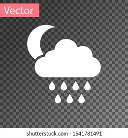 White Cloud with rain and moon icon isolated on transparent background. Rain cloud precipitation with rain drops.  Vector Illustration