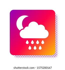 White Cloud with rain and moon icon isolated on white background. Rain cloud precipitation with rain drops. Square color button. Vector Illustration