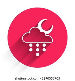 White Cloud with rain and moon icon isolated with long shadow. Rain cloud precipitation with rain drops. Red circle button. Vector