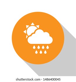 White Cloud with rain and sun icon isolated on white background. Rain cloud precipitation with rain drops. Orange circle button. Vector Illustration