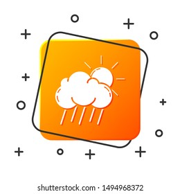 White Cloud with rain and sun icon isolated on white background. Rain cloud precipitation with rain drops. Orange square button. Vector Illustration