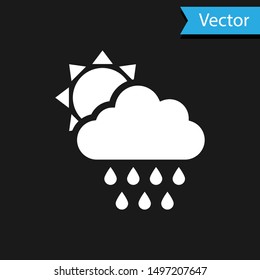 White Cloud with rain and sun icon isolated on black background. Rain cloud precipitation with rain drops.  Vector Illustration