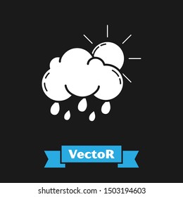 White Cloud with rain and sun icon isolated on black background. Rain cloud precipitation with rain drops.  Vector Illustration