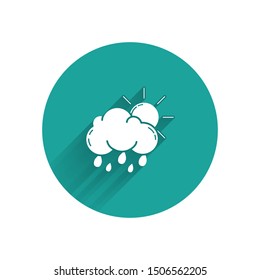 White Cloud with rain and sun icon isolated with long shadow. Rain cloud precipitation with rain drops. Green circle button. Vector Illustration