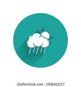 White Cloud with rain and sun icon isolated with long shadow. Rain cloud precipitation with rain drops. Green circle button. Vector Illustration