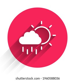 White Cloud with rain and sun icon isolated with long shadow. Rain cloud precipitation with rain drops. Red circle button. Vector