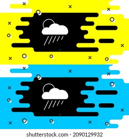 White Cloud with rain and sun icon isolated on black background. Rain cloud precipitation with rain drops.  Vector