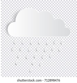 White cloud and rain vector on transparent background. Weather storm in folded paper styles. Forecast icon.