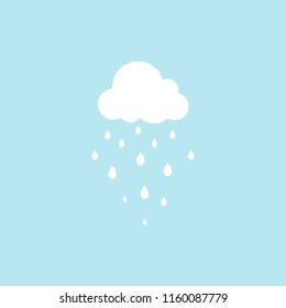 white cloud and raindrops on blue sky. Overcast icon. Vector flat illustration. Cartoon rain weather sign. Damp rainy day. Autumn symbol.