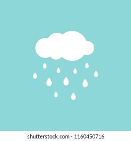 white cloud and raindrops on blue sky. Overcast icon. Vector flat illustration. Cartoon rain weather sign. Damp rainy day. Autumn symbol.