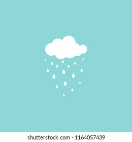 white cloud and raindrops on blue sky. Overcast icon. Vector flat illustration. Cartoon rain weather sign. Damp rainy day. Autumn symbol.