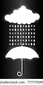 White cloud, raindrops and umbrella isolated on dark background. Glowing light effects.  Stylish flickering illustration
