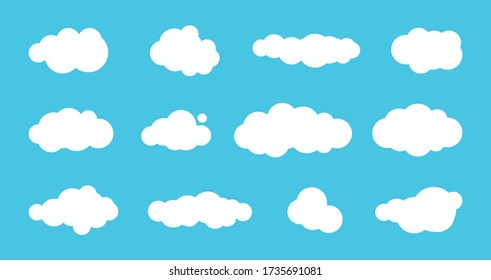 White cloud set on blue sky background flat vetor illustration. Cartoon white cloudy icon set isolated on blue background. Simple abstract tag space concept. Cute and fun paper clouds SET3