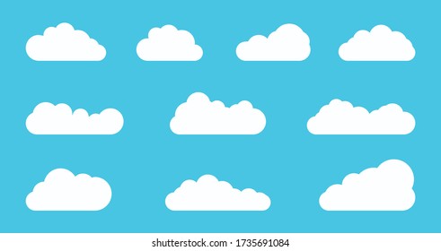 White cloud set on blue sky background flat vetor illustration. Cartoon white cloudy icon set isolated on blue background. Simple abstract tag space concept. Cute and fun paper clouds SET2